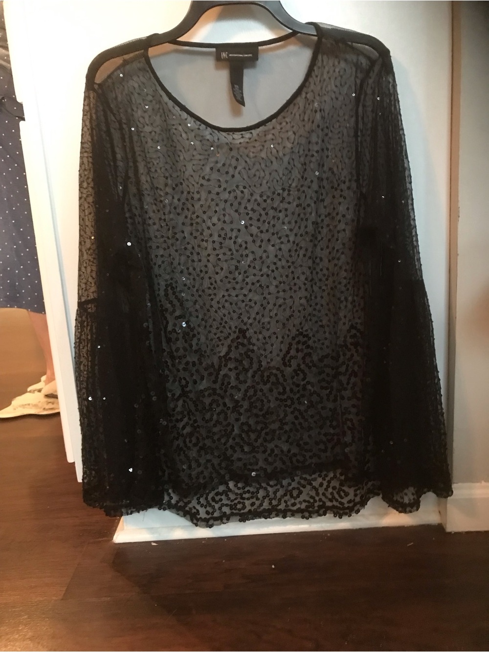 INC International Concepts Black Sequin Mesh Long-Sleeve Blouse